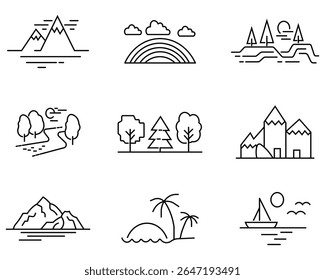 Nature landscape vector line icons. Vector pictograms of natural and urban scenery, mountain, desert, waterfall, cityscape, mountain, beach, forest, canyon thin linear icon. Vector illustration.