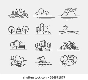 Nature Landscape Vector Line Icons 