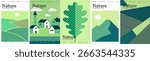 Nature and landscape. Vector modern geometric illustration of mountain, houses and tower, village, eco farm, agricultural fields, top view, line art, oak leaf, for poster, background or cover