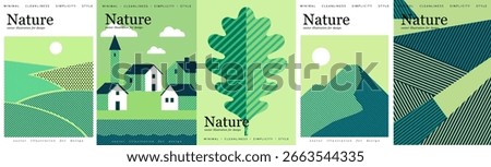 Nature and landscape. Vector modern geometric illustration of mountain, houses and tower, village, eco farm, agricultural fields, top view, line art, oak leaf, for poster, background or cover