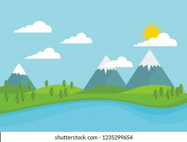 Nature landscape vector with mountain and lake