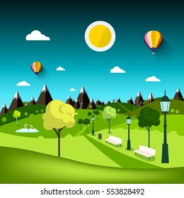 Nature Landscape. Vector Park Cartoon with Mountains on Background. 