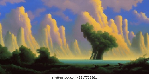 Nature landscape. Vector pixelated illustration. Pixel design. 