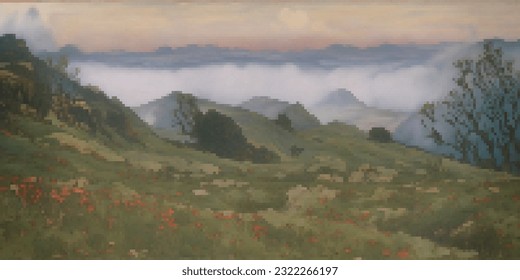 Nature landscape. Vector pixelated illustration. Pixel design. 