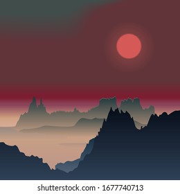 Naturlandschaft in der Vektorillustration. Die rote Sonne. Berge aus Blau und Nebel. Roter und blauer Himmel