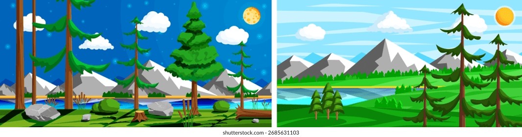 Nature landscape vector set with mountains and lake at day and night. Flat style stock illustration for website background.