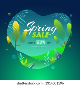 Nature landscape view with 60% discount offer on glossy green background for Spring sale poster or template design.