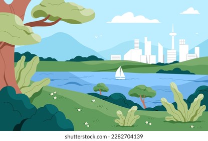 Nature landscape, view on city buildings from urban park. Summer scenery background, boat sailing on river water, lake, trees, plants, green grass, flowers, sky horizon. Flat vector illustration