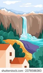 Nature landscape of village or rural area with waterfall and houses. Countryside or city with dwellings and mountains range, lake and river water mass. Traveling sight location. Vector in flat style