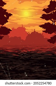 Nature landscape vintage colorful template with river and trees on sunrise or sunset background vector illustration