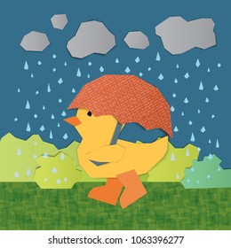 Nature landscape. Walking duck on a rainy day. Paper cut design