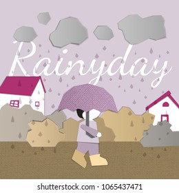 Nature landscape. Walking guy on a rainy day. Paper cut design