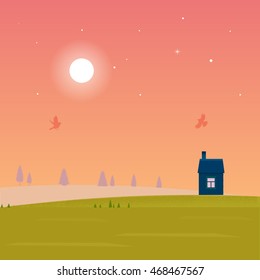 Nature landscape in warm tones. Vector illustration. House silhouette, sun, birds.