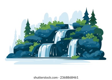 Nature Landscape Waterfall in the forest. Vector illustration in flat cartoon style.