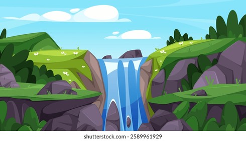 Nature landscape with waterfall and rocks. Game scene for playing, adventure or traveling. Rest or journey scenery for hiking and tracking. Mountains and hills with green grass, sky with clouds