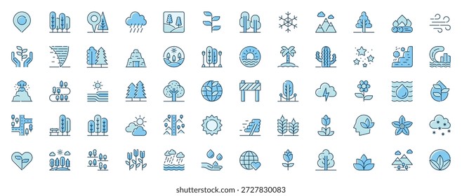 Naturlandschaft Web-Symbole in Linie Design gesetzt. Duotone Piktogramm Pack von Lage, Wald, Regenwolke, Pflanze, Bäume, Schnee, Berg, Unterstützung, Ökologie, mehr Umriss Schlaganfall Zeichen. Vektorgrafik.