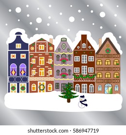 Nature landscape. Winter city with trees, cute houses, sun.Vector illustration., EPS 10. Landscape with nature and houses. Vector illustration. Winter is coming.
