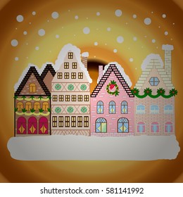 Nature landscape. Winter is coming. Vector illustration. Landscape with nature and houses. Winter city with trees, cute houses, sun.Vector illustration., EPS 10.