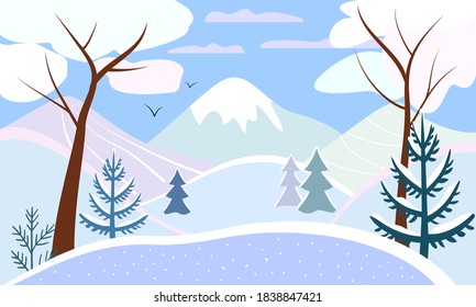 Nature landscape. Winter mountain landscape, trees, forest, panoramic natural landscape in flat minimalism style, natural background concept
