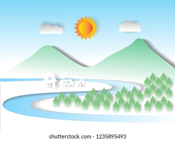Nature Landscape at winter season. Paper Art and digital craft Style