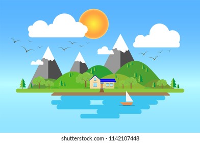 nature landscape in winter with snow on hill near the lake