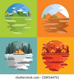 Naturaleza y paisajes. Resumen de ilustraciones de arte vectorial de aldea, árboles, arbustos, casas para afiches, fondos o cubiertas.
