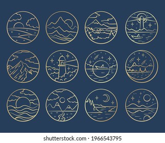 nature and landscapes circle thin vector icons, sun and mood symbols