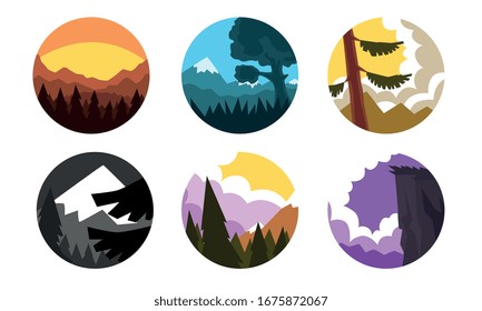 Nature Landscapes in Circles Collection, Beautiful Sceneries at Different Times of Day Vector Illustration