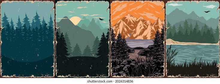 Nature landscapes colorful posters with river and lake coasts forest and mountains sceneries in vintage style vector illustration