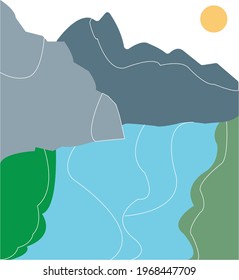 nature landscapes having sun mountains rivers and greenery.