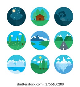 nature and landscapes icon set over white background, flat style, vector illustration