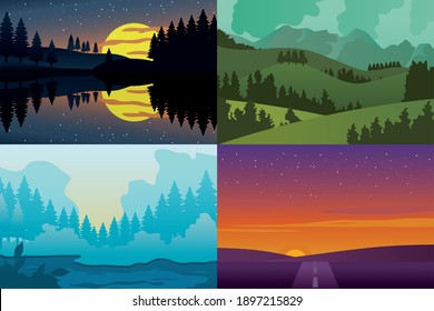 nature landscapes icons set, colorful design, vector illustration