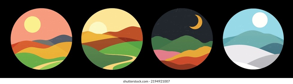 Nature and landscapes in retro style, mountains and hills, sunset and sunrise.