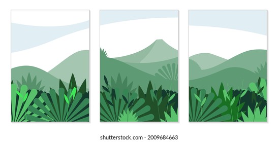 Natur und Landschaften. Set kreativer Plakate für Design. Abstrakte Illustrationen von Dickicht, Büschen, Bergen, Pflanzen, Gras. Moderne Hintergründe für Poster, Karte, Abdeckung, Banner, Plakatwand.