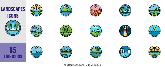 Nature landscapes vector icons set, modern solid symbol collection, filled style pictogram pack. Signs, logo. Set includes icons as forest field, sunset, sunrise, mountain, desert, island. EPS 10