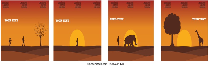 Nature and landscapes. Vector illustration of trees, humans, giraffes and elephants in the desert. Image for background, card or cover