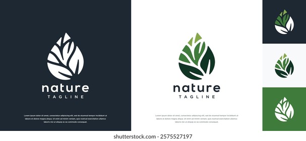  Nature leaf drop logo design. Nature leaf water logo template.
