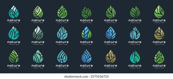 Nature leaf drop logo design collection. Nature leaf water logo template.