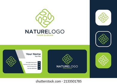 nature with leaf geometry line art logo design and business card