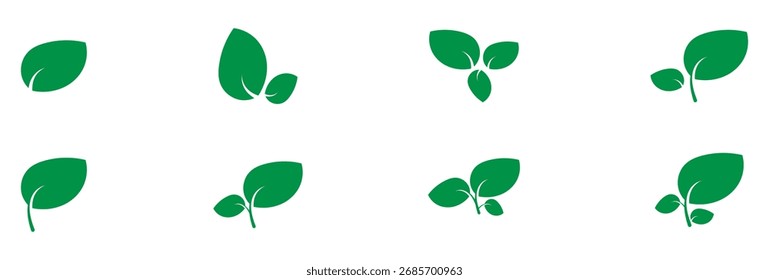  Naturblatt-Icons gesetzt. Isolierte Blattsilhouette auf weißer Seite. Vektorsymbole festgelegt. Logotyp Silhouette Sets auf weißer Seite. Grüne, einzelne Blattsymbole auf weißem Hintergrund. 