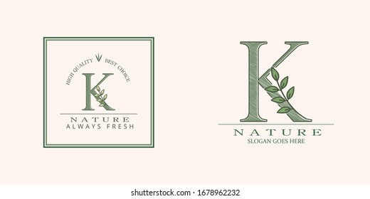 Nature Leaf Initial K Letter Logo,  Vector design concept botinical for business indentity