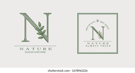 Nature Leaf Initial N Letter Logo,  Vector design concept botinical for business indentity