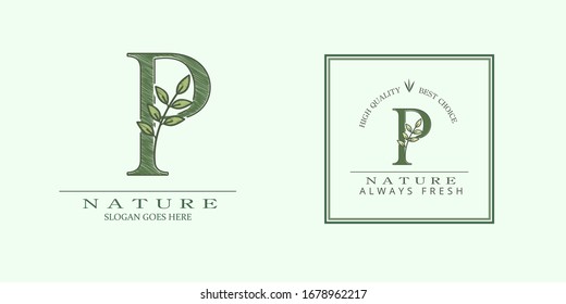 Nature Leaf Initial P Letter Logo,  Vector design concept botinical for business indentity