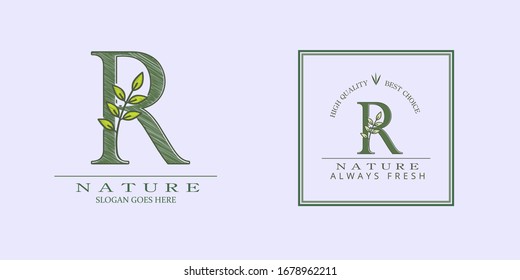 Nature Leaf Initial R Letter Logo,  Vector design concept botinical for business indentity