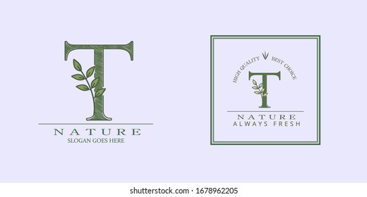 Nature Leaf Initial T Letter Logo,  Vector design concept botinical for business indentity