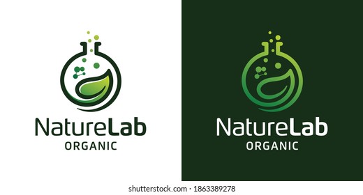 Nature leaf lab with molecule logo design inspiration template