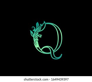 Nature Leaf Letter Q Logo. Q Letter Design Vector with Green Colors and Floral Hand Drawn.