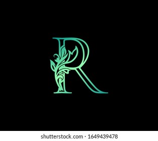 Nature Leaf Letter R Logo. R Letter Design Vector with Green Colors and Floral Hand Drawn.