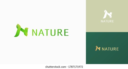 Nature leaf in N shaped with beautiful gradient color, alphabet logo design set