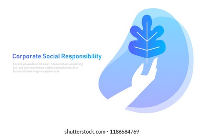 Nature Leaf On Hand. Symbol Concept Of Corporate Social Responsibility. Care Environment Organic. Illustration Vector